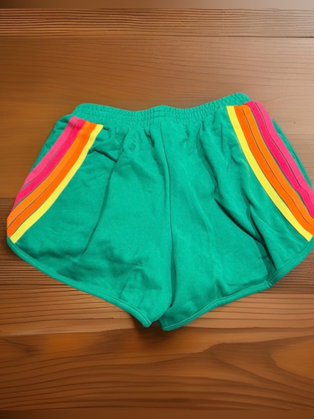 Women’s Green Retro Rainbow Side-Stripe Athletic Shorts